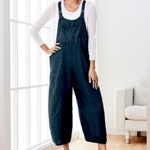 Cynthia Ashby blue linen oversize loose fit overalls with diagonal pockets